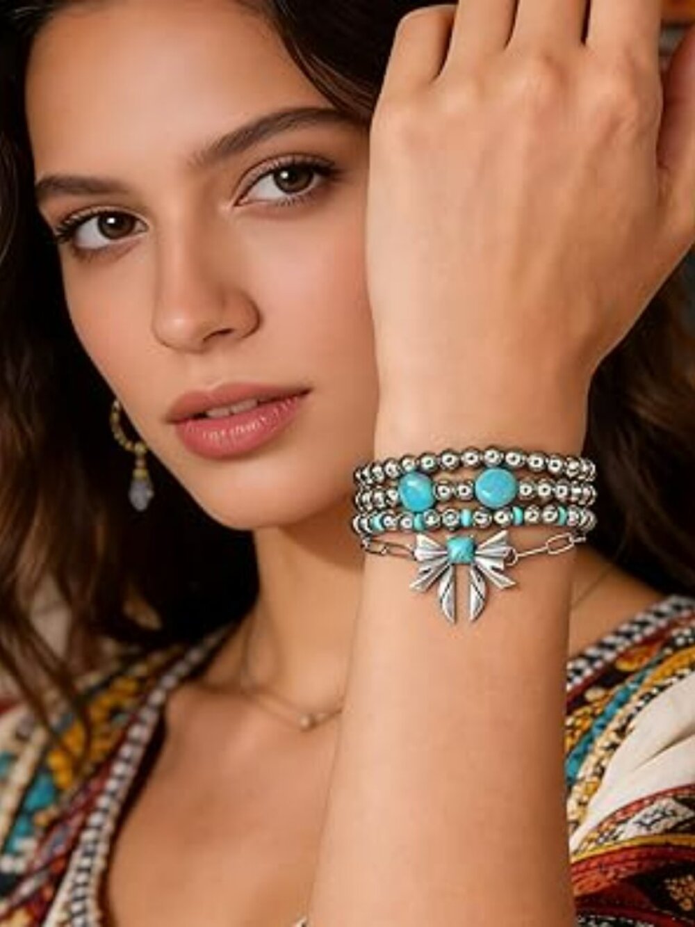 Boho 4 Layer Bracelet Set Turquoise Beaded Stretchy Brand New - Picture 2 of 4